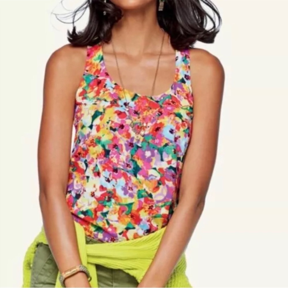 CAbi Luisa Tank Top Floral Watercolor Racer Back Round Neck Shirt Size XS